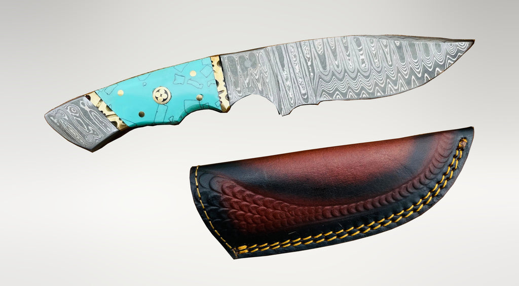 Damascus Steel General Utility Knife with Turquoise Micarta handle. 